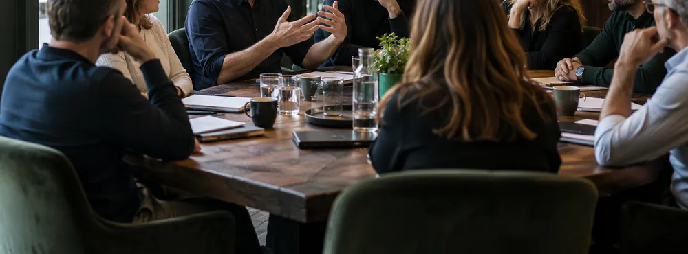 Colleagues talking during a workshop